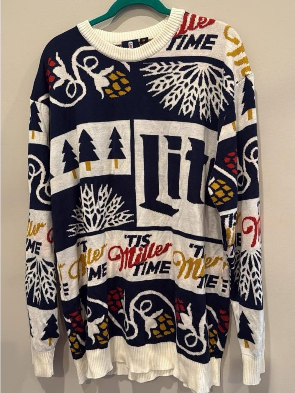 Miller Time Holiday Knit Sweater - Navy, White, Red, Gold